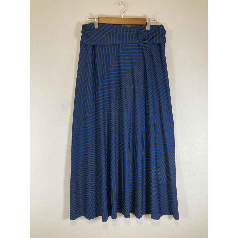 Geometric Mod Robert Louis Womens Large Blue Black Striped O-Ring Maxi Skirt